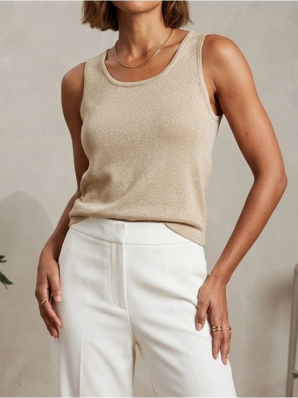 St. John Scoop Neck Wool Blend Shell in Beige Sz Small NWOT
